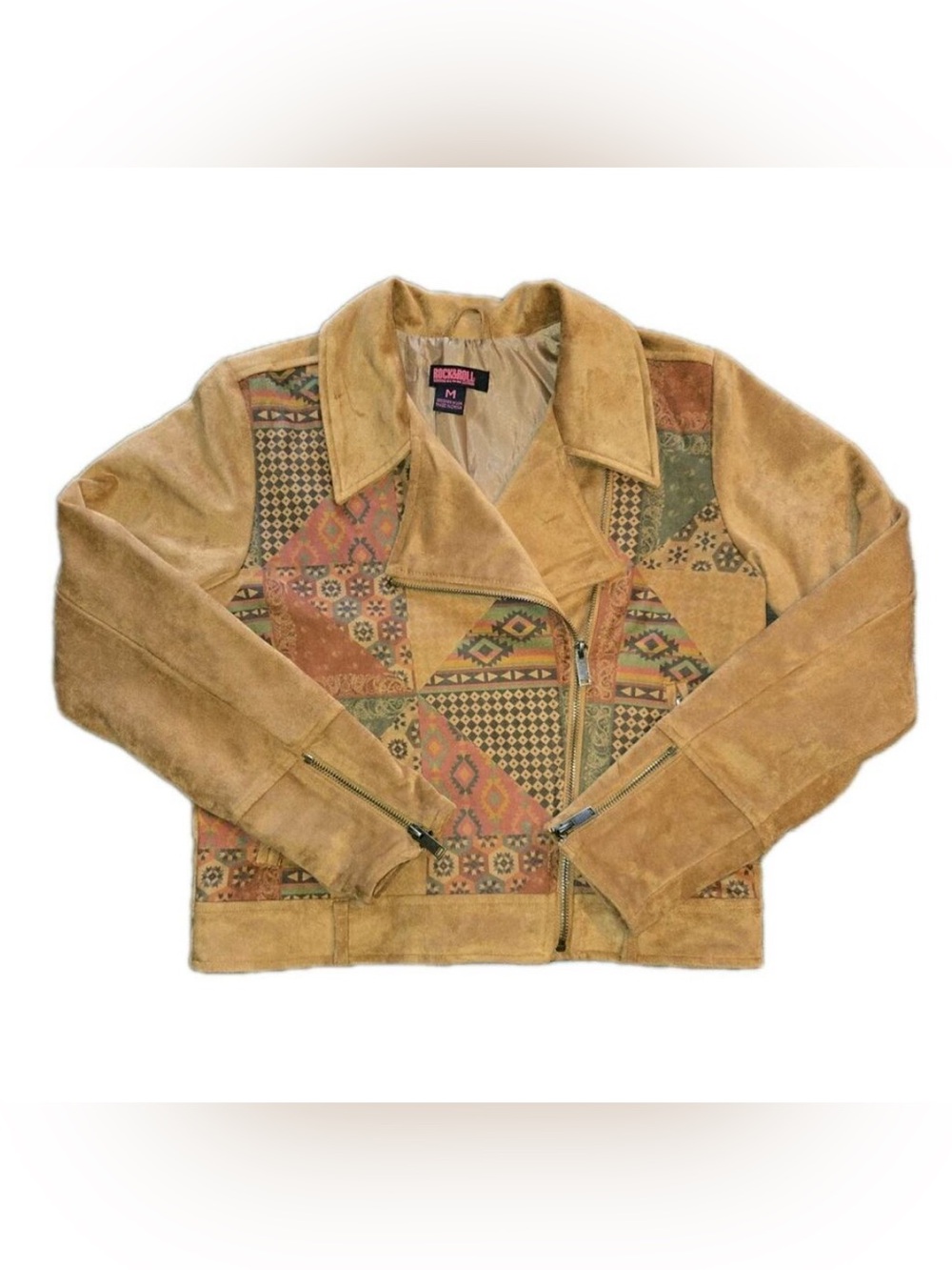 Rock & Roll Denim Southwestern Aztec Patchwork Faux Suede Moto Jacket Womens Sm